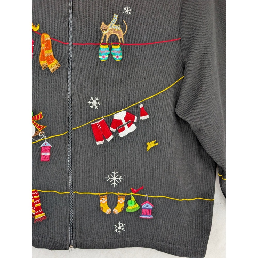 3X Black Full Zip Cardigan Christmas Sweater Winter Clothesline Snowman Holiday - Picture 4 of 10